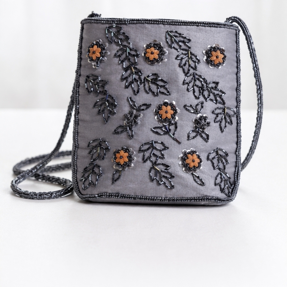 BEADED SATIN BAG BY MILLENI. Floral embroidered crossbody purse.